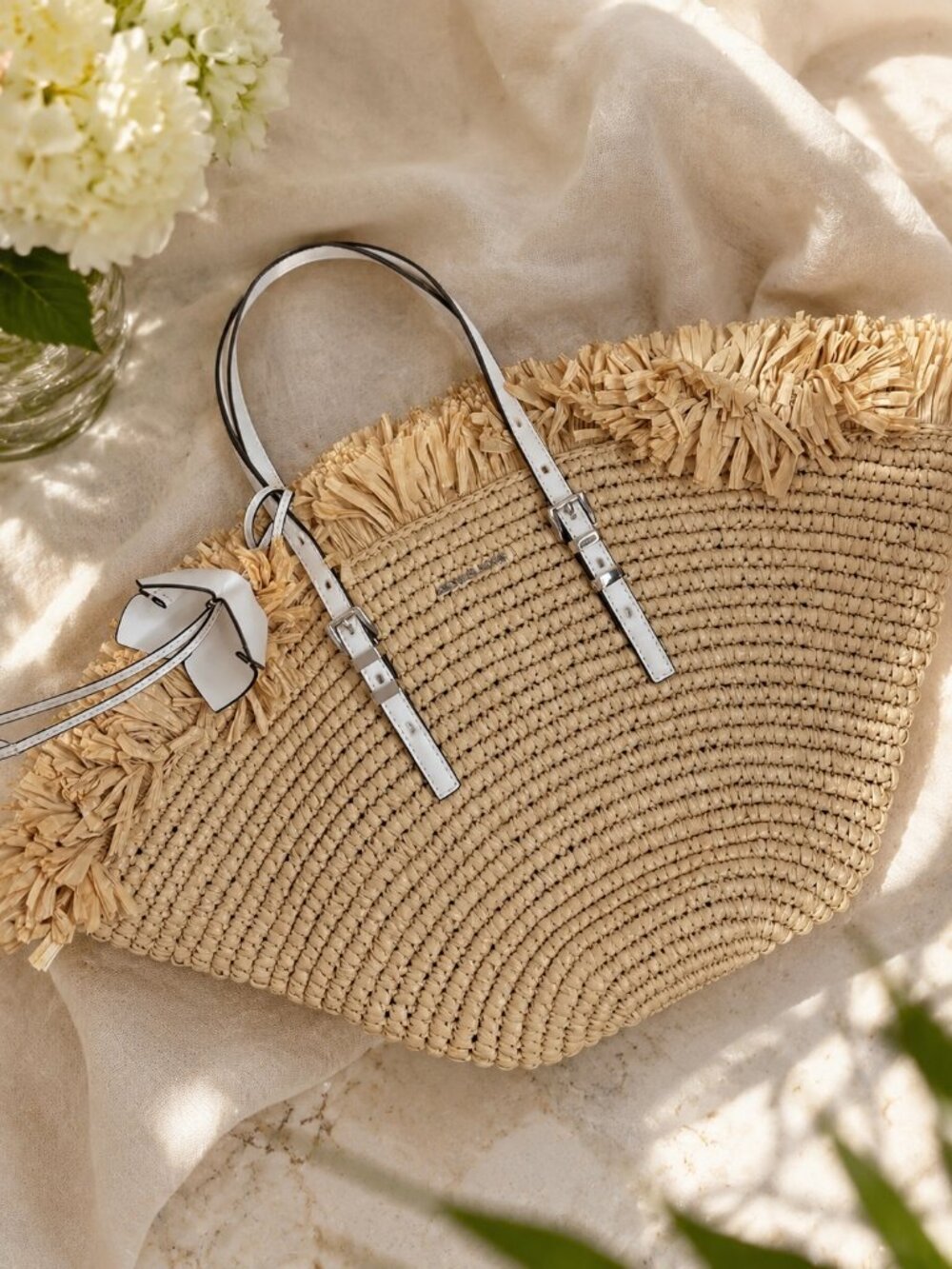 Michael Kors Isa Small Fan Crochet Straw Tote